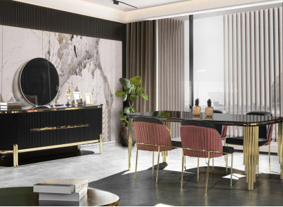 Esszimmer Schwarz Gold Essgarnitur Möbel Essecke Stühle Sideboard 6tlg